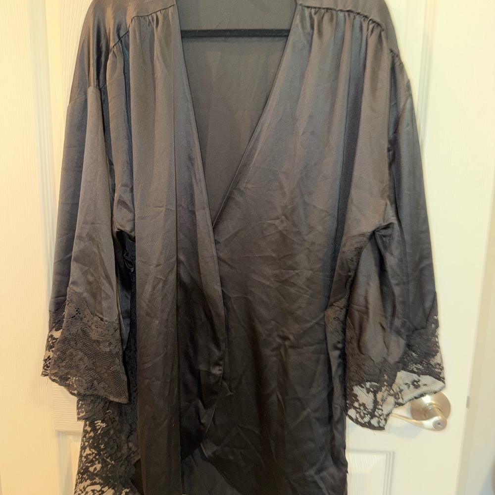 Victoria's Secret Black Satin Robe with Lace Cuffs